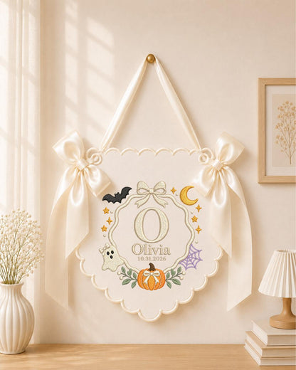 Personalized Embroidered Halloween Baby Name Banner, Custom First Halloween Nursery Sign, Pumpkin Ghost Wall Decor, Baby Halloween Gift