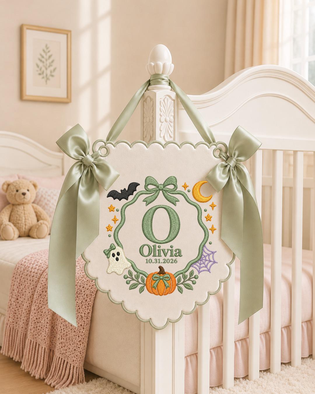 Personalized Embroidered Halloween Baby Name Banner, Custom First Halloween Nursery Sign, Pumpkin Ghost Wall Decor, Baby Halloween Gift