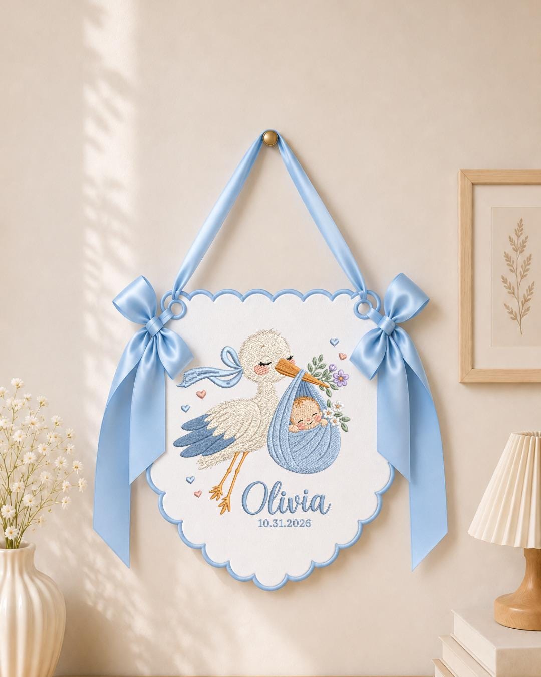 Personalized Embroidered Baby Announcement Banner, Custom Stork Baby Name Sign, Newborn Nursery Wall Decor, Baby Shower Gift