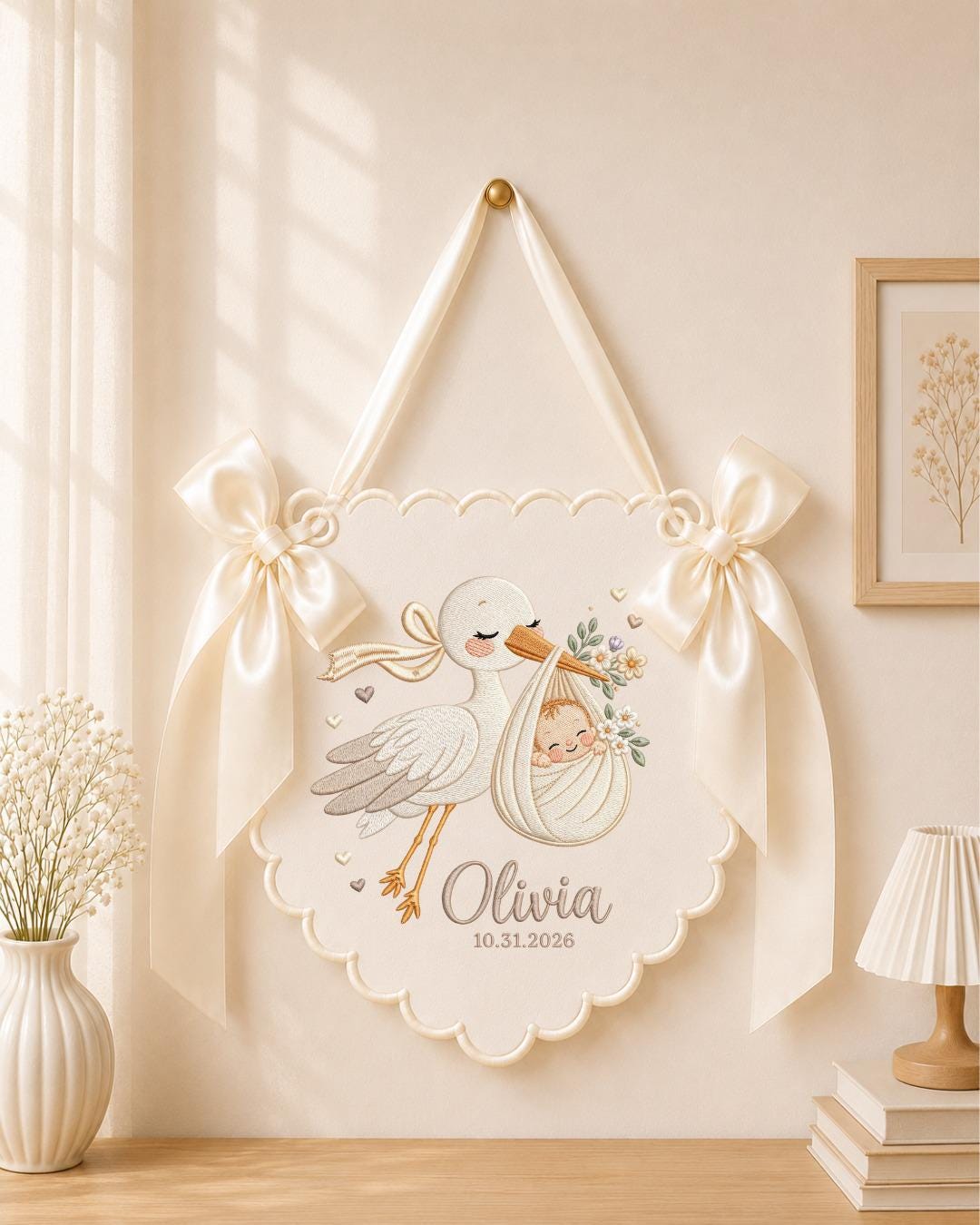 Personalized Embroidered Baby Announcement Banner, Custom Stork Baby Name Sign, Newborn Nursery Wall Decor, Baby Shower Gift