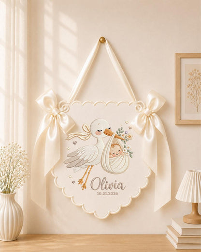 Personalized Embroidered Baby Announcement Banner, Custom Stork Baby Name Sign, Newborn Nursery Wall Decor, Baby Shower Gift