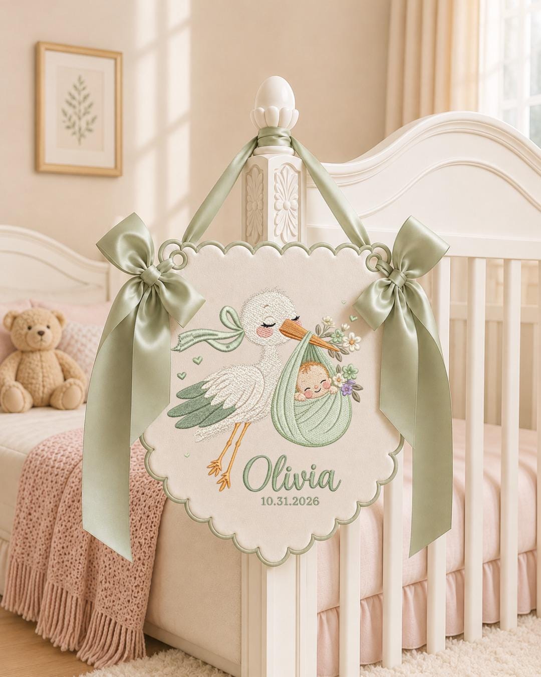 Personalized Embroidered Baby Announcement Banner, Custom Stork Baby Name Sign, Newborn Nursery Wall Decor, Baby Shower Gift