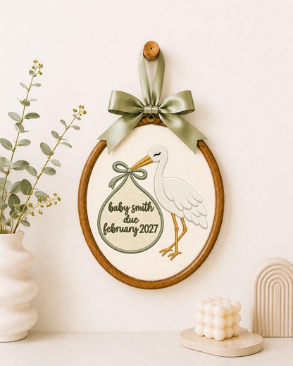 Personalized Pregnancy Announcement Embroidered Ornament, Baby Due Date Keepsake, Stork Baby Announcement Gift, Expecting Parents Ornament
