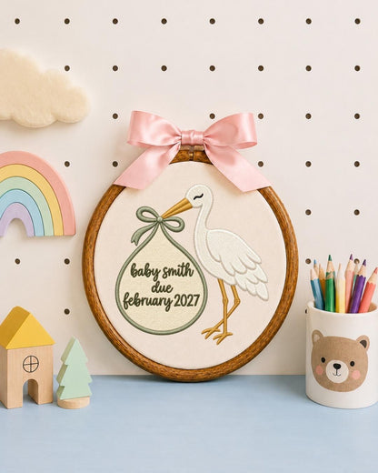 Personalized Pregnancy Announcement Embroidered Ornament, Baby Due Date Keepsake, Stork Baby Announcement Gift, Expecting Parents Ornament