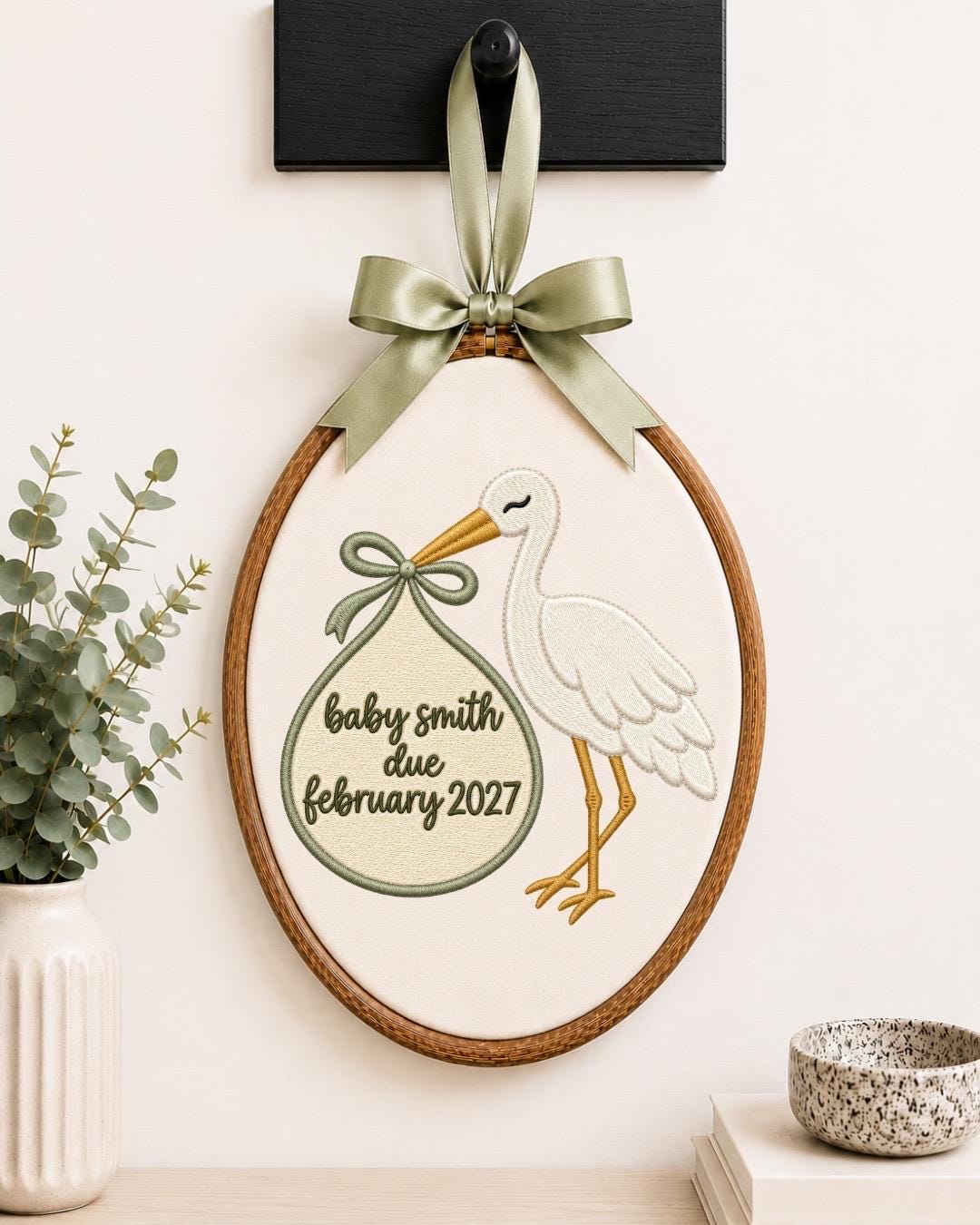 Personalized Pregnancy Announcement Embroidered Ornament, Baby Due Date Keepsake, Stork Baby Announcement Gift, Expecting Parents Ornament