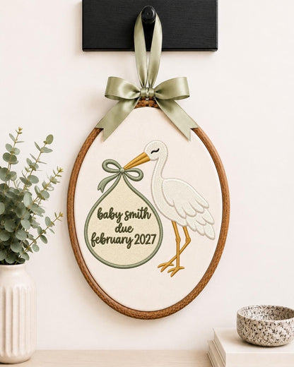 Personalized Pregnancy Announcement Embroidered Ornament, Baby Due Date Keepsake, Stork Baby Announcement Gift, Expecting Parents Ornament