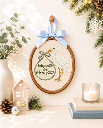 Personalized Pregnancy Announcement Embroidered Ornament, Baby Due Date Keepsake, Stork Baby Announcement Gift, Expecting Parents Ornament
