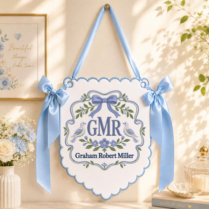 Personalized Heirloom Crest Scalloped Banner Decor, Custom Embroidered Name Initial Dove Ribbon Nursery Keepsake Wall Hanging