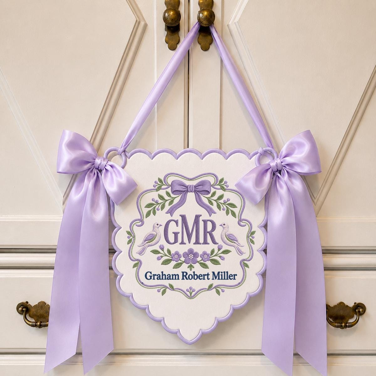 Personalized Heirloom Crest Scalloped Banner Decor, Custom Embroidered Name Initial Dove Ribbon Nursery Keepsake Wall Hanging