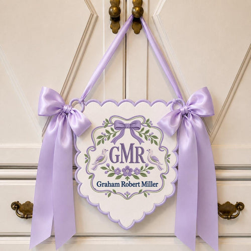 Personalized Heirloom Crest Scalloped Banner Decor, Custom Embroidered Name Initial Dove Ribbon Nursery Keepsake Wall Hanging
