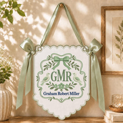 Personalized Heirloom Crest Scalloped Banner Decor, Custom Embroidered Name Initial Dove Ribbon Nursery Keepsake Wall Hanging
