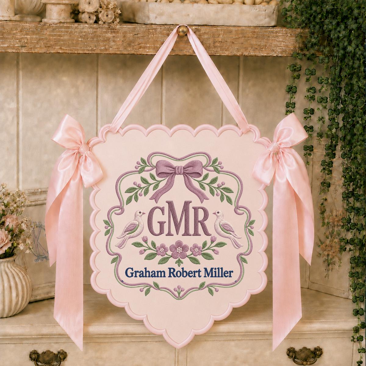 Personalized Heirloom Crest Scalloped Banner Decor, Custom Embroidered Name Initial Dove Ribbon Nursery Keepsake Wall Hanging