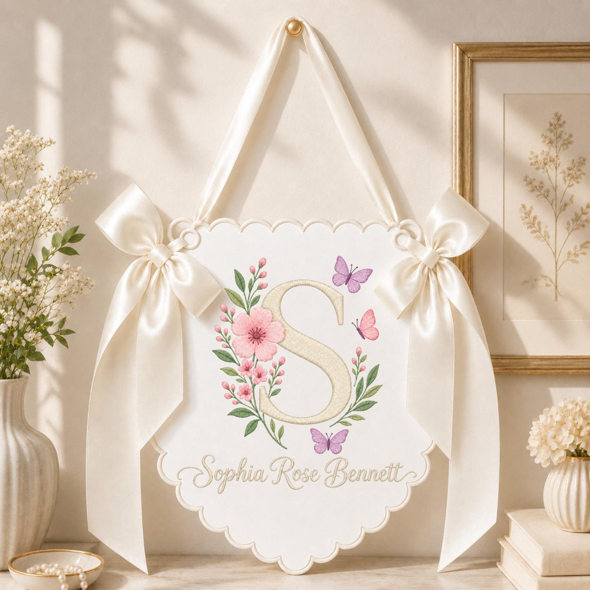 Personalized Floral Monogram Banner, Embroidered Baby Girl Name Sign, Butterfly Nursery Wall Decor, Custom Initial Birth Announcement Gift