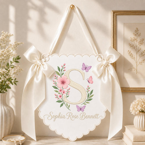 Personalized Floral Monogram Banner, Embroidered Baby Girl Name Sign, Butterfly Nursery Wall Decor, Custom Initial Birth Announcement Gift