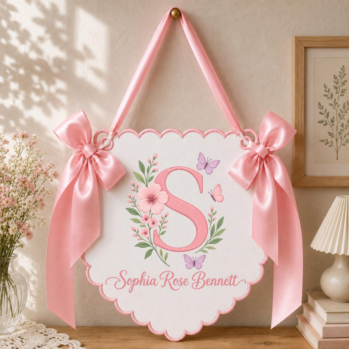 Personalized Floral Monogram Banner, Embroidered Baby Girl Name Sign, Butterfly Nursery Wall Decor, Custom Initial Birth Announcement Gift