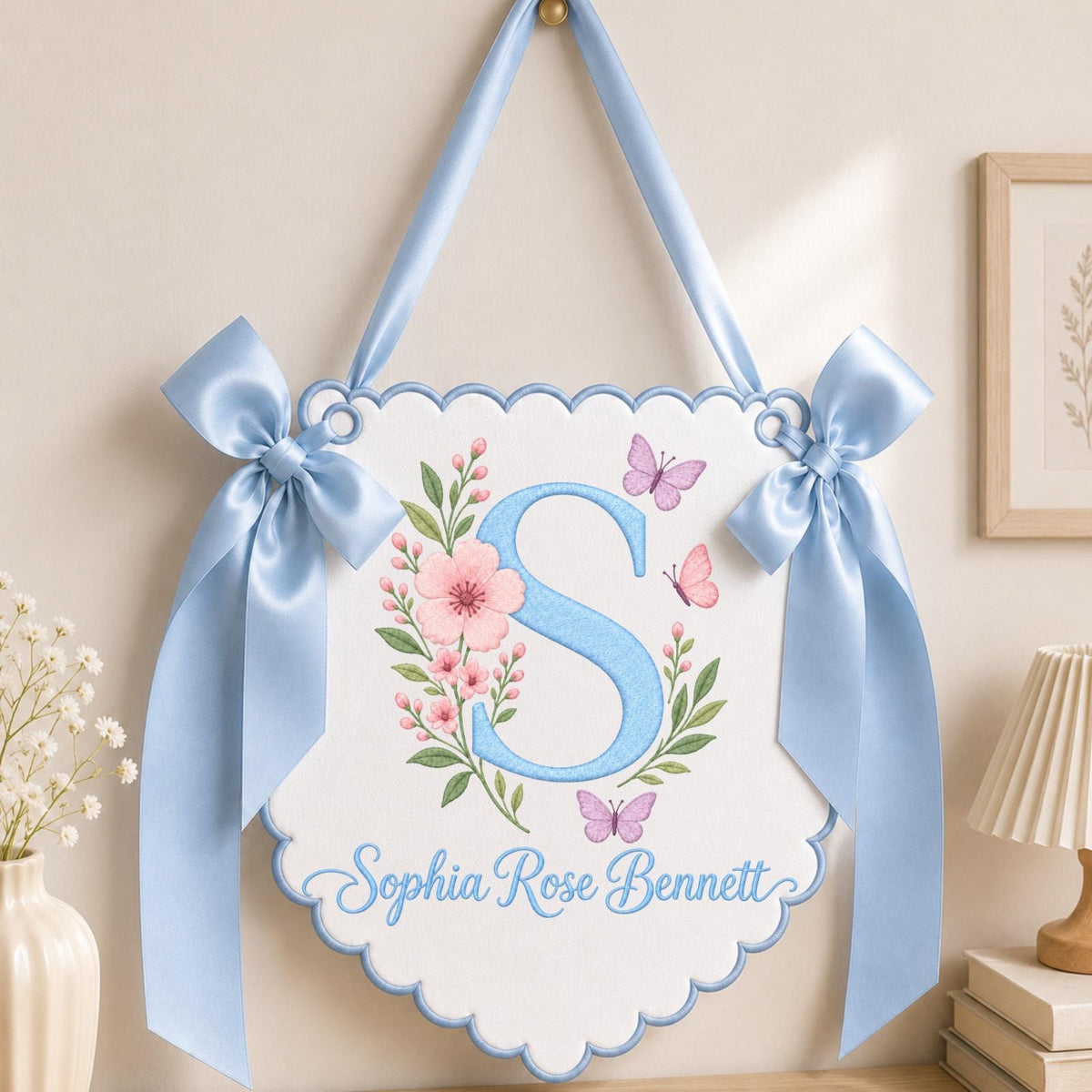 Personalized Floral Monogram Banner, Embroidered Baby Girl Name Sign, Butterfly Nursery Wall Decor, Custom Initial Birth Announcement Gift