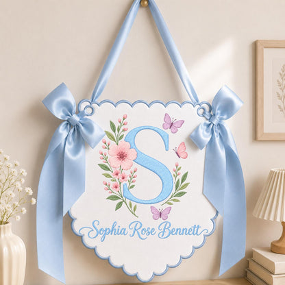 Personalized Floral Monogram Banner, Embroidered Baby Girl Name Sign, Butterfly Nursery Wall Decor, Custom Initial Birth Announcement Gift