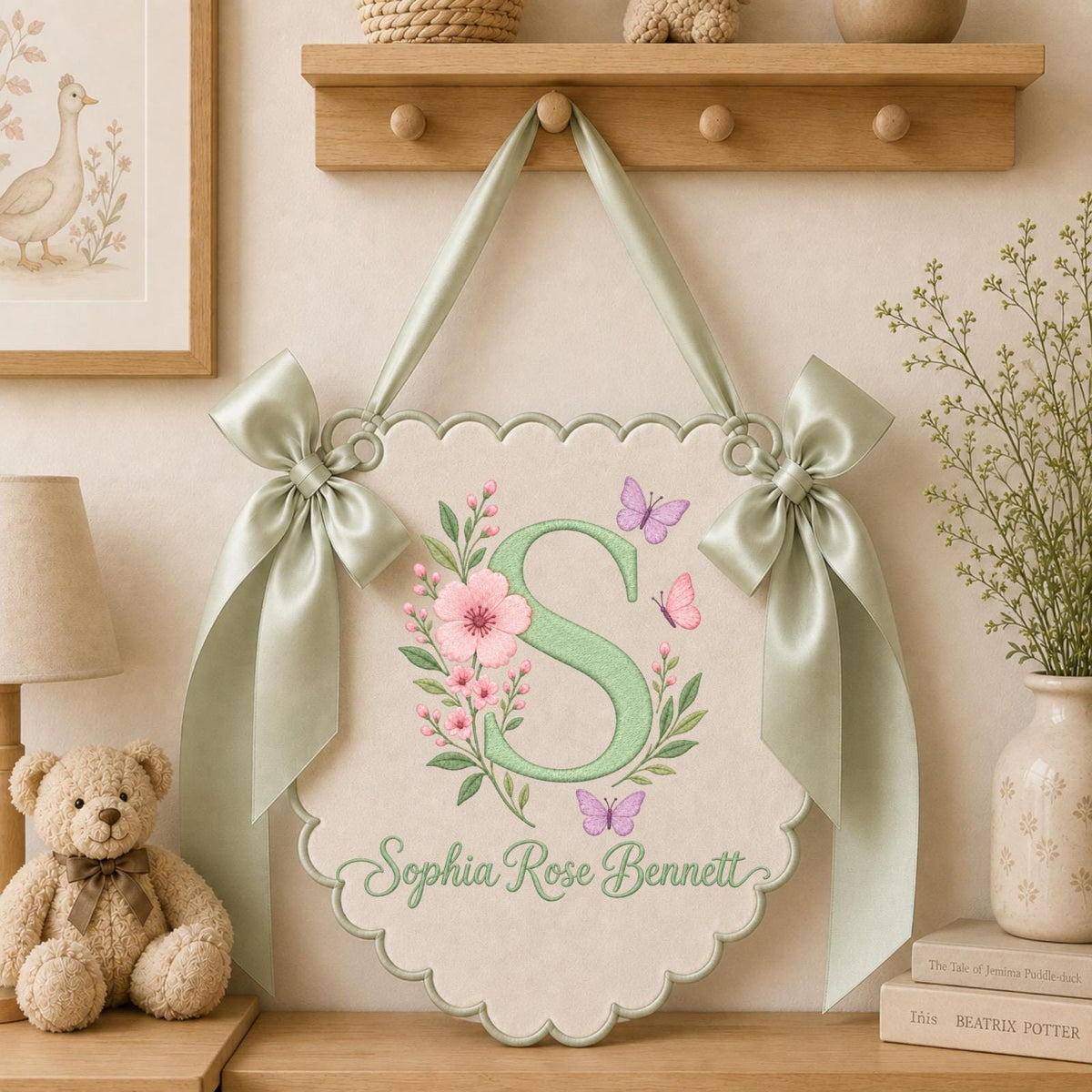 Personalized Floral Monogram Banner, Embroidered Baby Girl Name Sign, Butterfly Nursery Wall Decor, Custom Initial Birth Announcement Gift