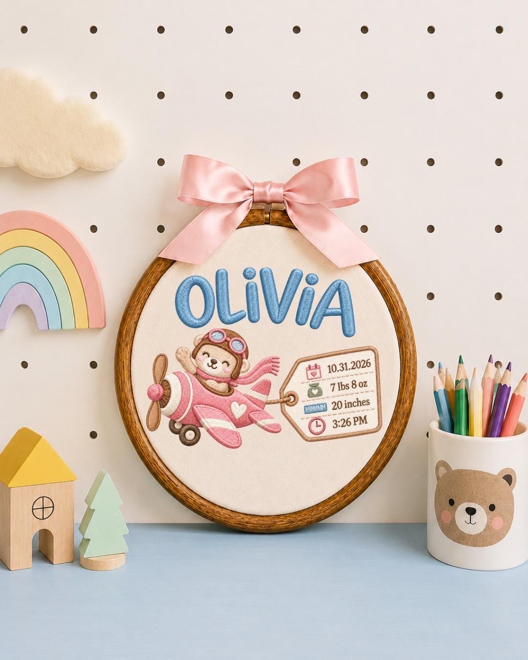 Personalized Baby Birth Stats Embroidered Ornament, Custom Baby Name Airplane Hoop, Newborn Birth Announcement, Baby Girl Keepsake