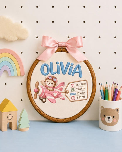 Personalized Baby Birth Stats Embroidered Ornament, Custom Baby Name Airplane Hoop, Newborn Birth Announcement, Baby Girl Keepsake