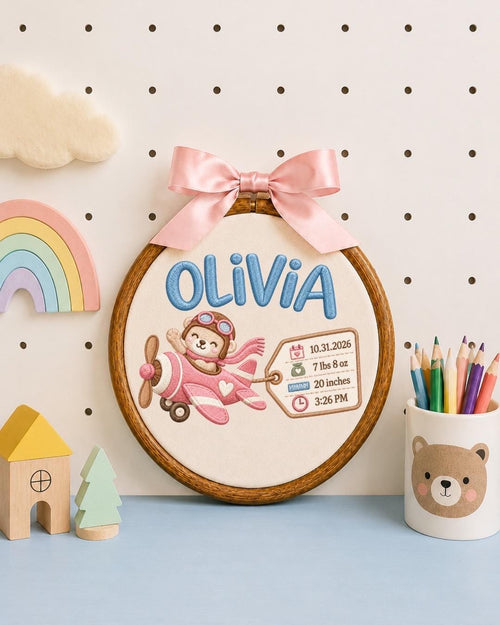 Personalized Baby Birth Stats Embroidered Ornament, Custom Baby Name Airplane Hoop, Newborn Birth Announcement, Baby Girl Keepsake