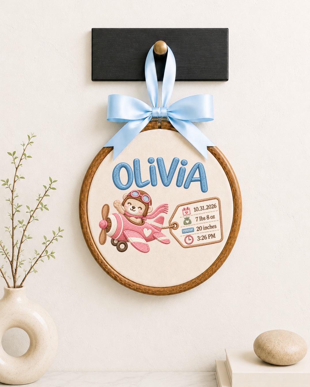 Personalized Baby Birth Stats Embroidered Ornament, Custom Baby Name Airplane Hoop, Newborn Birth Announcement, Baby Girl Keepsake