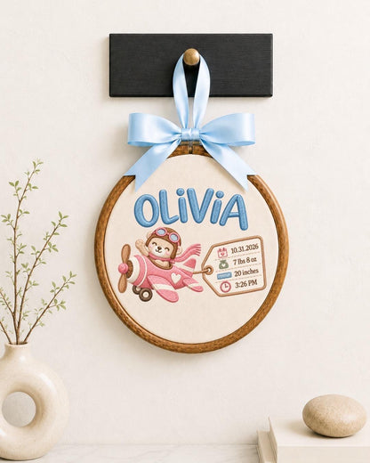 Personalized Baby Birth Stats Embroidered Ornament, Custom Baby Name Airplane Hoop, Newborn Birth Announcement, Baby Girl Keepsake