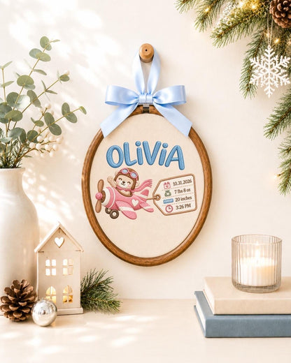 Personalized Baby Birth Stats Embroidered Ornament, Custom Baby Name Airplane Hoop, Newborn Birth Announcement, Baby Girl Keepsake