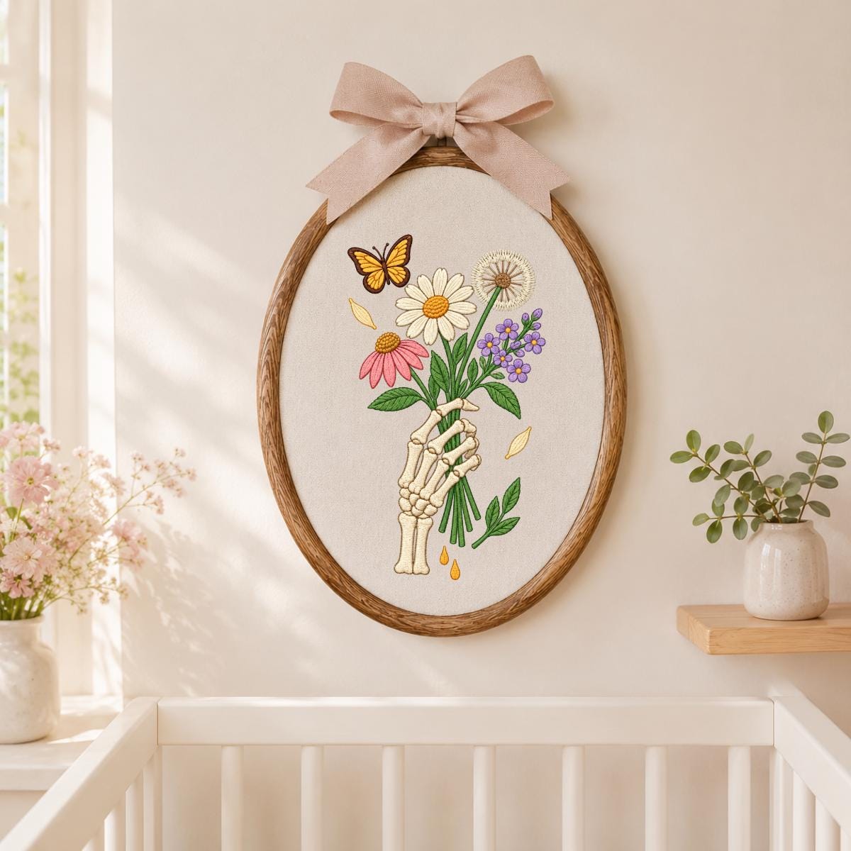 Embroidered Skeleton Hand Bouquet Oval Hoop Decor, Lavender Bow Wildflower Daisy Dandelion Wall Art, Whimsical Goth Botanical Home Sign