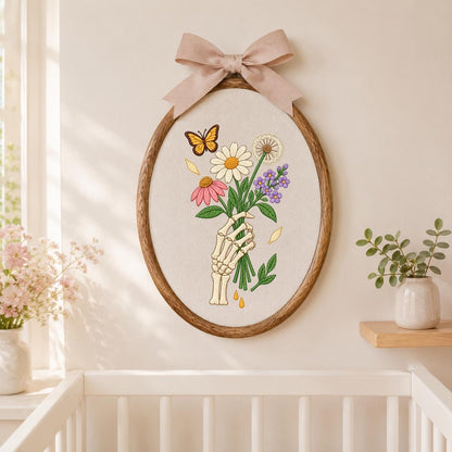Embroidered Skeleton Hand Bouquet Oval Hoop Decor, Lavender Bow Wildflower Daisy Dandelion Wall Art, Whimsical Goth Botanical Home Sign
