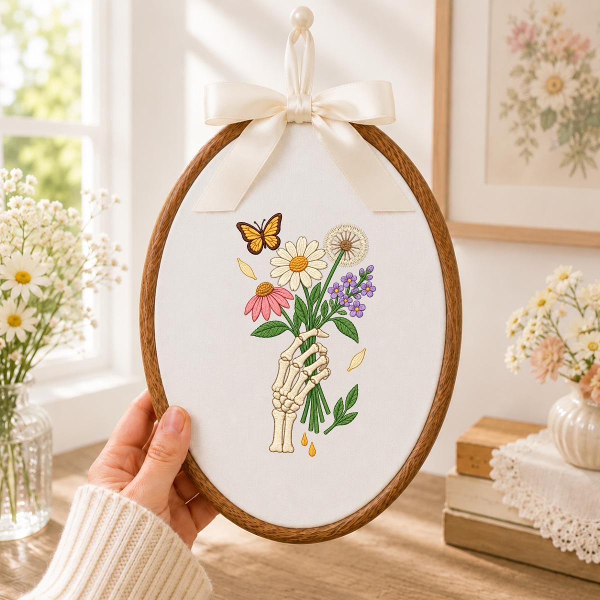 Embroidered Skeleton Hand Bouquet Oval Hoop Decor, Lavender Bow Wildflower Daisy Dandelion Wall Art, Whimsical Goth Botanical Home Sign