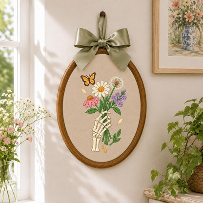 Embroidered Skeleton Hand Bouquet Oval Hoop Decor, Lavender Bow Wildflower Daisy Dandelion Wall Art, Whimsical Goth Botanical Home Sign