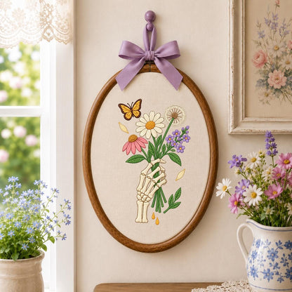 Embroidered Skeleton Hand Bouquet Oval Hoop Decor, Lavender Bow Wildflower Daisy Dandelion Wall Art, Whimsical Goth Botanical Home Sign