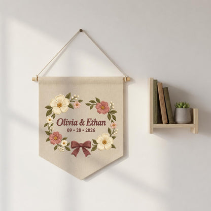 Personalized Wedding Canvas Pennant Banner, Custom Name Olivia Ethan Embroidered Floral Wreath Couple Wall Hanging Sign Decor