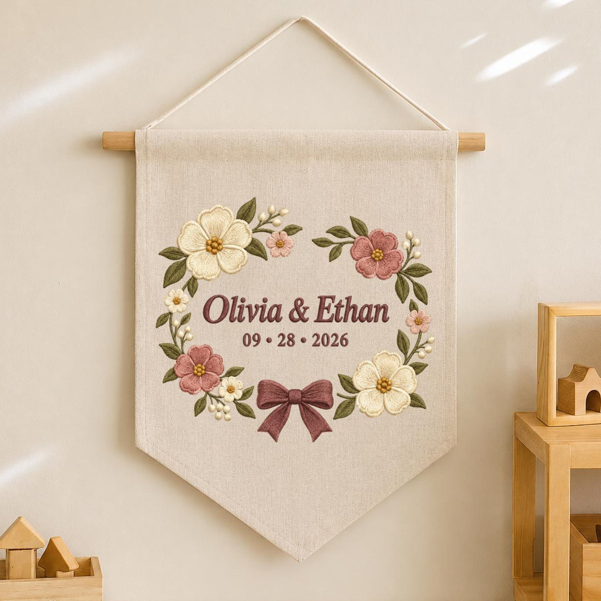 Personalized Wedding Canvas Pennant Banner, Custom Name Olivia Ethan Embroidered Floral Wreath Couple Wall Hanging Sign Decor
