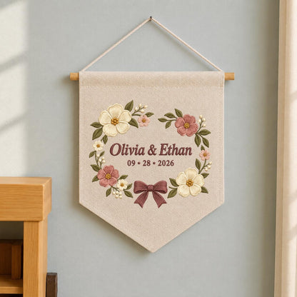 Personalized Wedding Canvas Pennant Banner, Custom Name Olivia Ethan Embroidered Floral Wreath Couple Wall Hanging Sign Decor