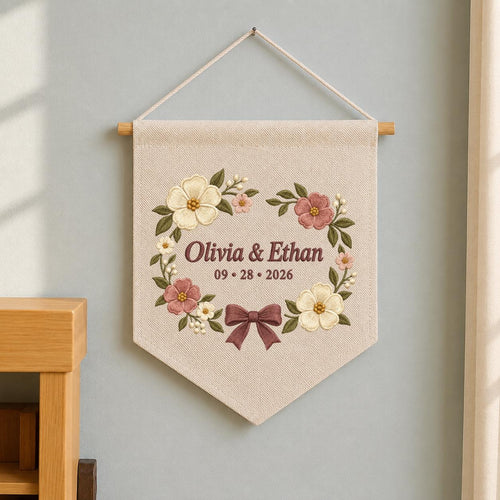 Personalized Wedding Canvas Pennant Banner, Custom Name Olivia Ethan Embroidered Floral Wreath Couple Wall Hanging Sign Decor