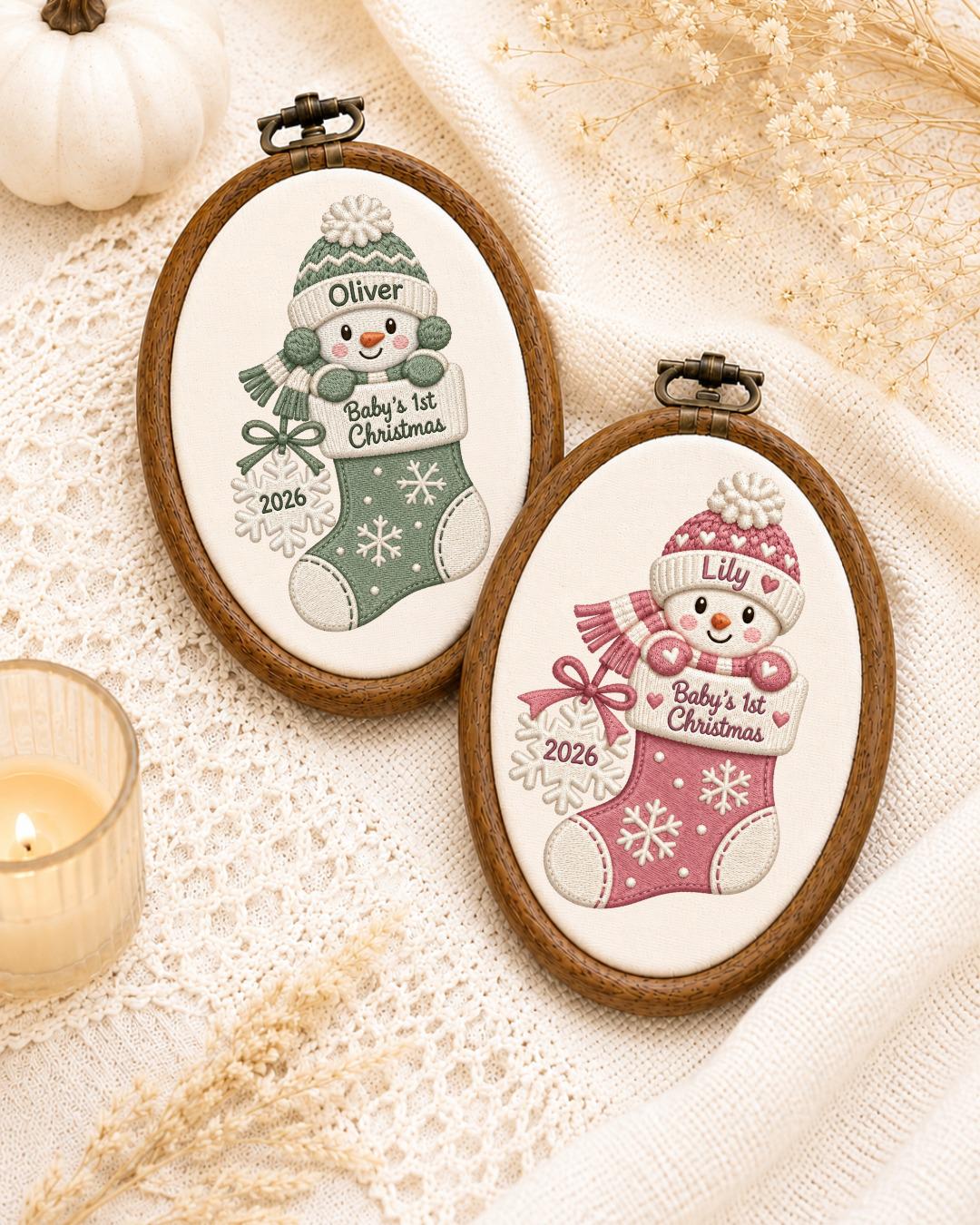 Personalized Baby First Christmas Embroidered Ornament, Custom Snowman Stocking Name Hoop, Baby Boy Girl Christmas Gift, Newborn Keepsake