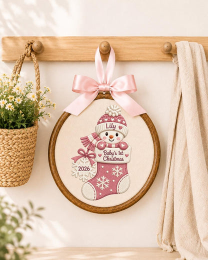 Personalized Baby First Christmas Embroidered Ornament, Custom Snowman Stocking Name Hoop, Baby Boy Girl Christmas Gift, Newborn Keepsake