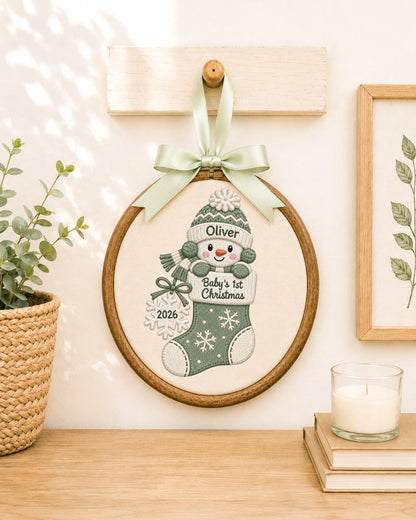 Personalized Baby First Christmas Embroidered Ornament, Custom Snowman Stocking Name Hoop, Baby Boy Girl Christmas Gift, Newborn Keepsake