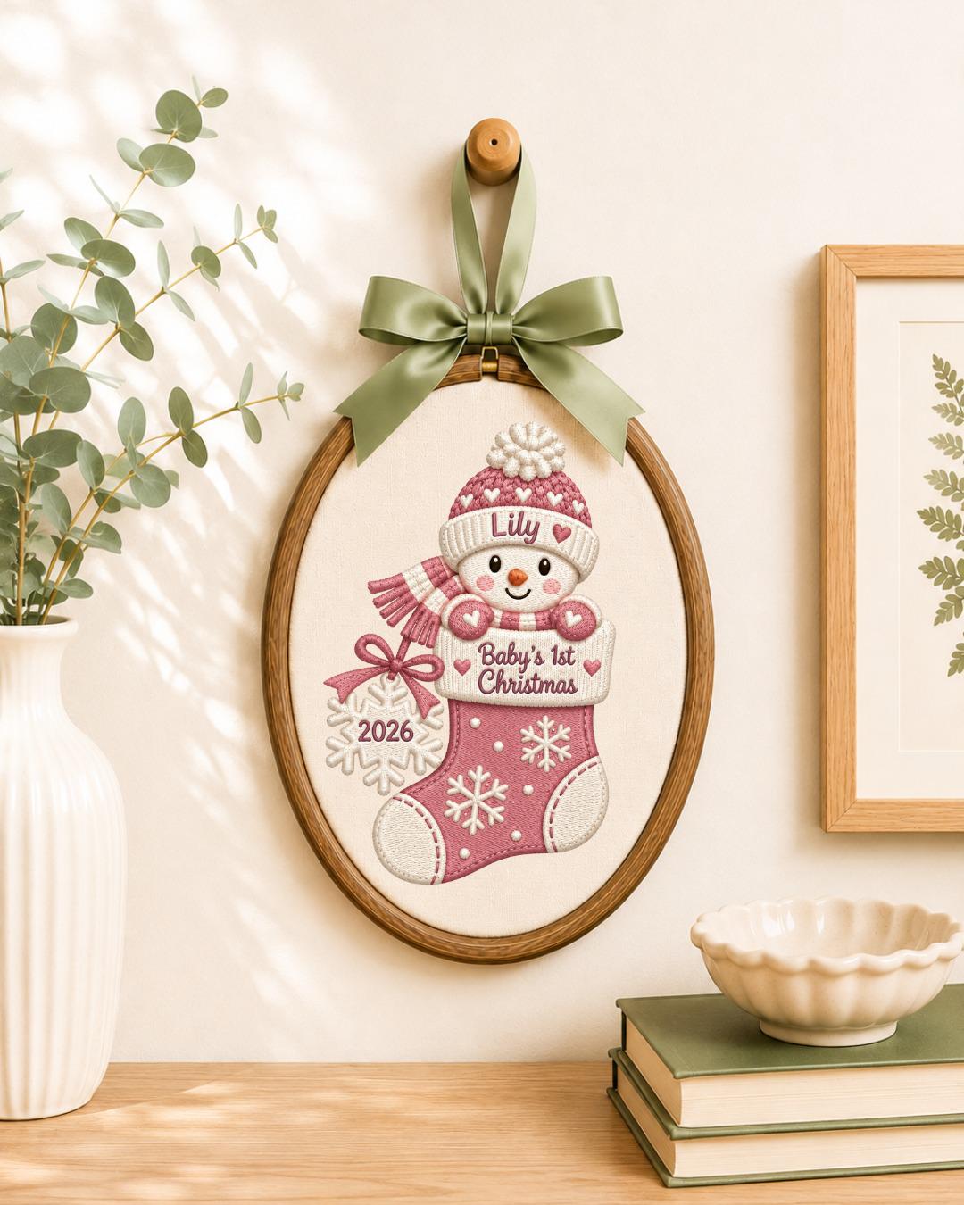 Personalized Baby First Christmas Embroidered Ornament, Custom Snowman Stocking Name Hoop, Baby Boy Girl Christmas Gift, Newborn Keepsake