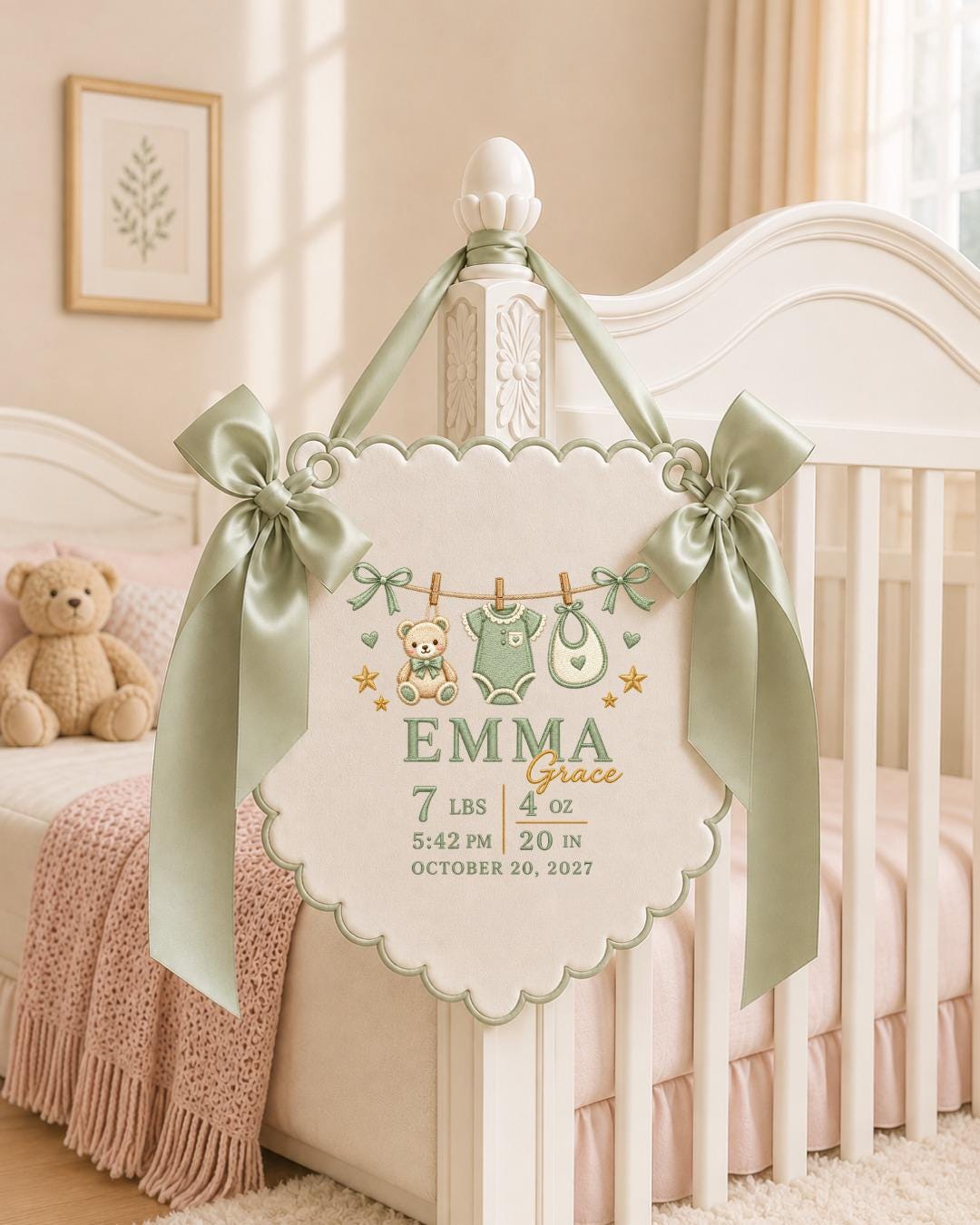 Personalized Embroidered Birth Announcement Banner, Custom Baby Girl Name Sign, Newborn Stats Nursery Wall Decor, Baby Keepsake Gift