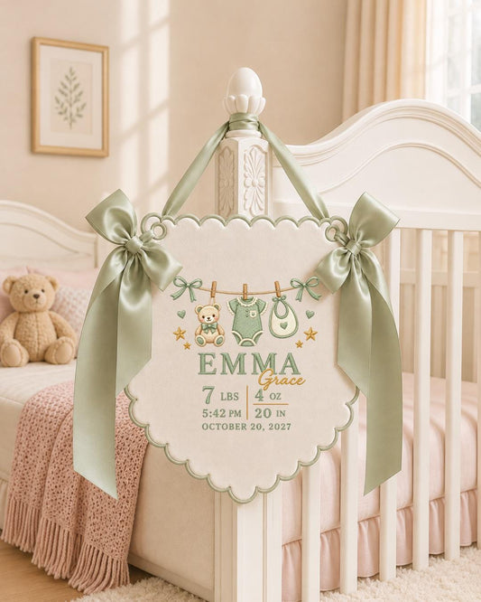 Personalized Embroidered Birth Announcement Banner, Custom Baby Girl Name Sign, Newborn Stats Nursery Wall Decor, Baby Keepsake Gift