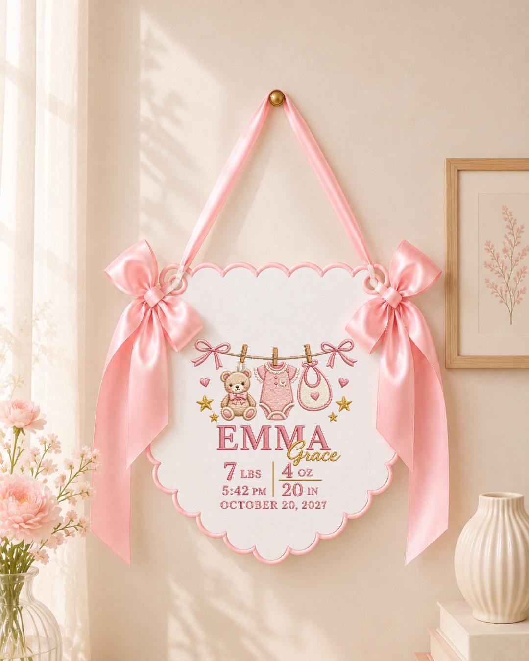 Personalized Embroidered Birth Announcement Banner, Custom Baby Girl Name Sign, Newborn Stats Nursery Wall Decor, Baby Keepsake Gift
