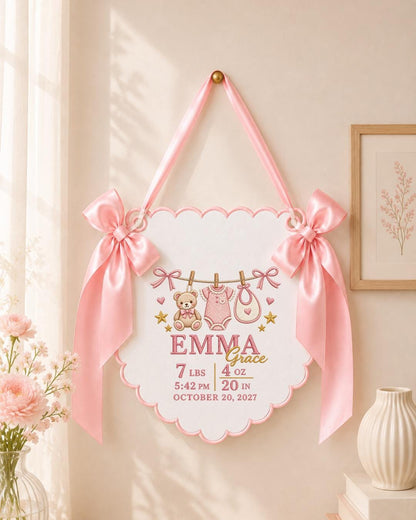 Personalized Embroidered Birth Announcement Banner, Custom Baby Girl Name Sign, Newborn Stats Nursery Wall Decor, Baby Keepsake Gift