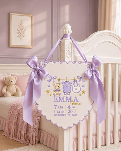 Personalized Embroidered Birth Announcement Banner, Custom Baby Girl Name Sign, Newborn Stats Nursery Wall Decor, Baby Keepsake Gift