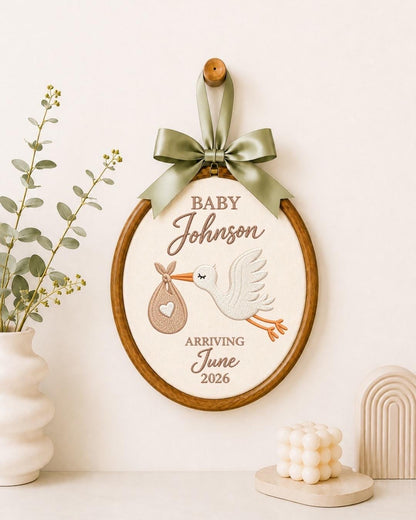 Personalized Pregnancy Announcement Embroidered Ornament, Stork Baby Due Date Keepsake, Custom Family Name Baby Reveal