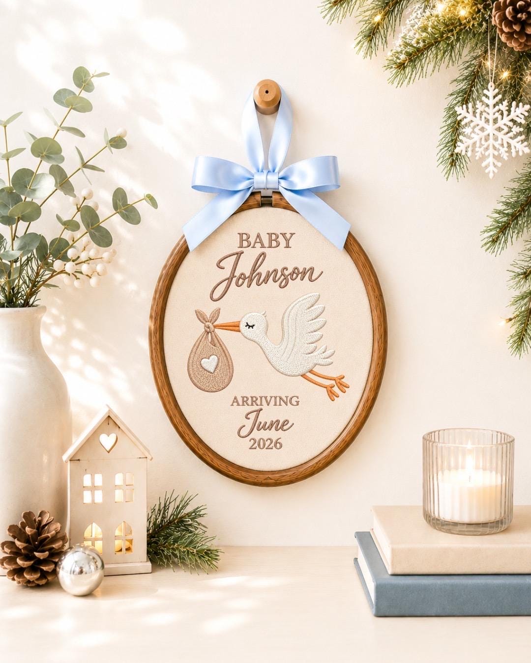 Personalized Pregnancy Announcement Embroidered Ornament, Stork Baby Due Date Keepsake, Custom Family Name Baby Reveal