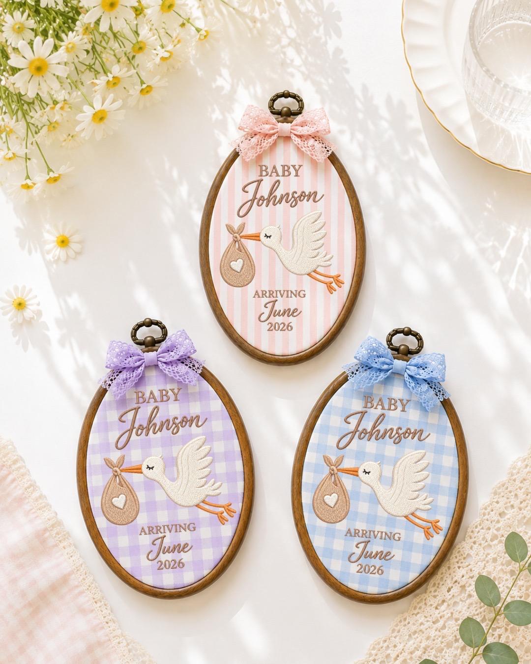 Personalized Pregnancy Announcement Embroidered Ornament, Stork Baby Due Date Keepsake, Custom Family Name Baby Reveal