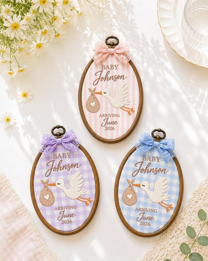 Personalized Pregnancy Announcement Embroidered Ornament, Stork Baby Due Date Keepsake, Custom Family Name Baby Reveal